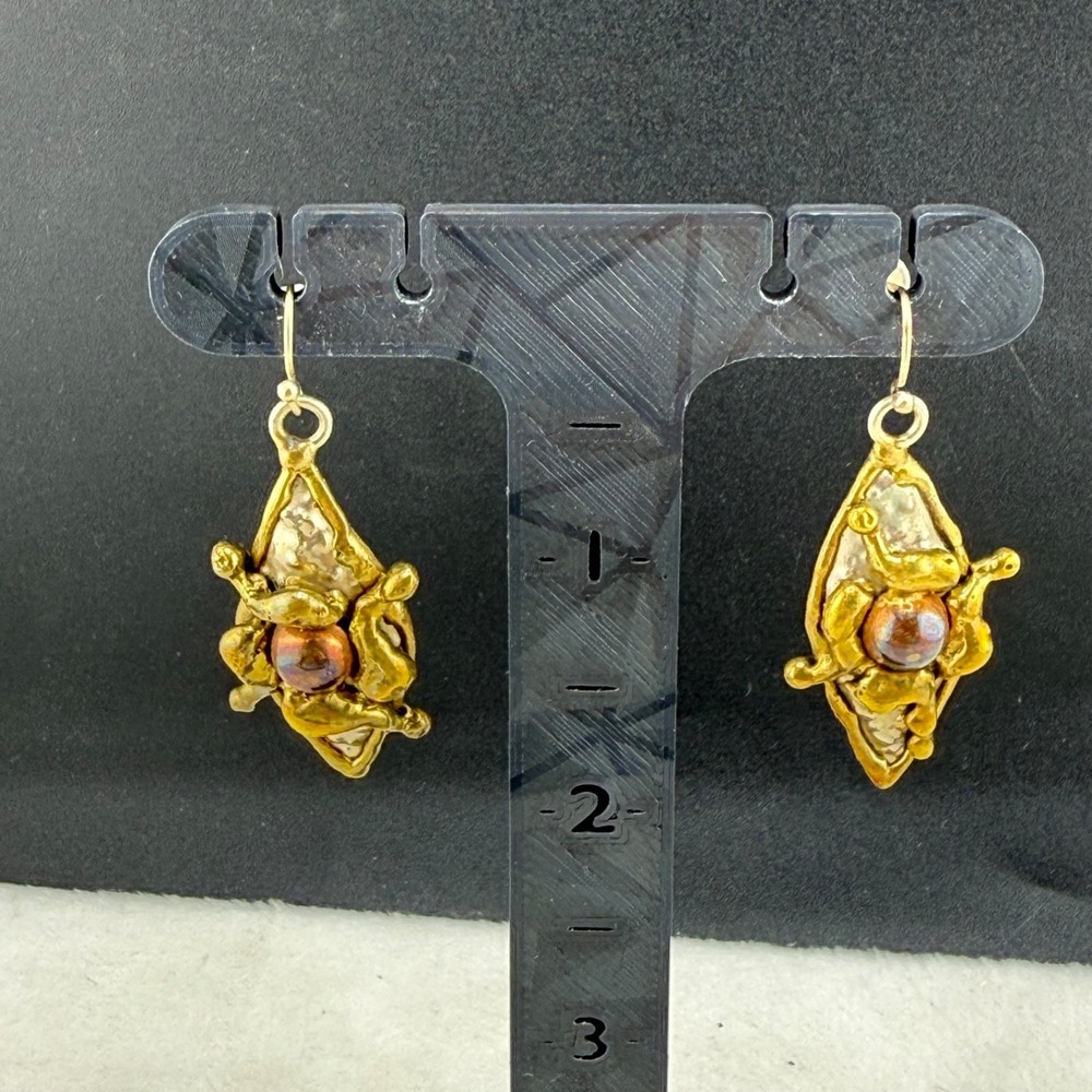 Vintage Brutalist Pierced Earrings Mixed Metals Dangle
